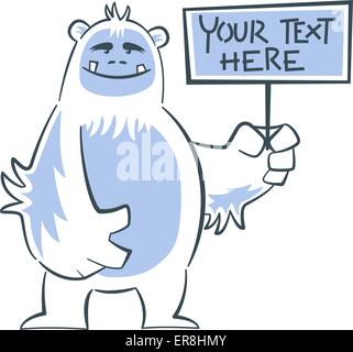 Yeti holding sign poilu mignon et souriant. Illustration de Vecteur