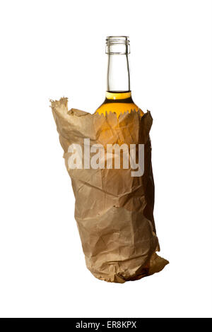 Bouteille de disque liquer dans le sac en papier sur le livre blanc Banque D'Images