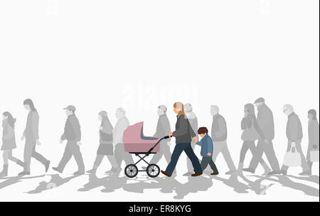 Illustration de balades familiales avec foule sur street contre ciel clair Banque D'Images