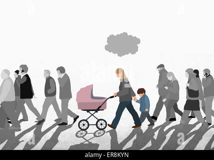 Illustration de balades familiales avec foule sur street against sky Banque D'Images