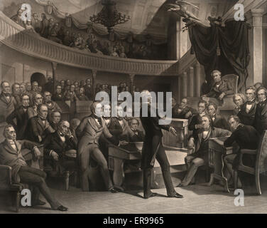 Le Sénat des États-Unis, en l'an 1850. Imprimer montre le Sénateur Henry Clay parle du compromis de 1850 dans l'ancienne salle du Sénat. Daniel Webster est assis à gauche de l'argile et John C. Calhoun à la gauche du fauteuil de l'Orateur. Date c1855. Banque D'Images