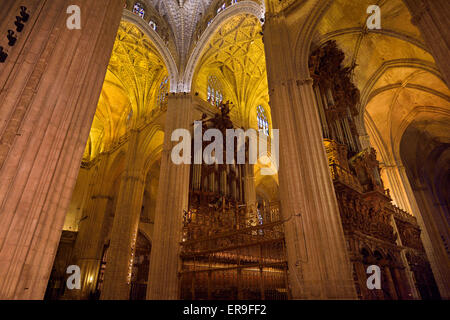 Choir avec deux ensembles de tuyaux d'orgue et lofted plafonds dans la Cathédrale de Séville Banque D'Images