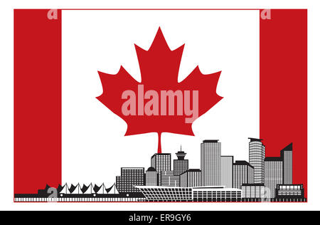 Vancouver British Columbia Canada City Skyline Silhouette en Illustration du drapeau canadien Banque D'Images