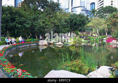 Dh Hong Kong Park Central Hong Kong, les gens autour d'un étang à poissons à Hong Kong Chine relaxant jardin parc Banque D'Images