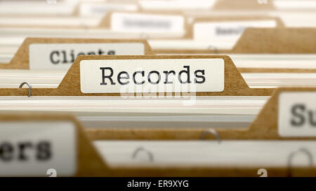 Records Concept. Registre des dossiers sur Word Index. Focus sélectif. Banque D'Images
