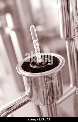 Alcoomètre flottant dans l'alcool à la distillerie artisanale. Photographie en couleur sépia verticale à la distillation de Key West, Floride, USA Banque D'Images