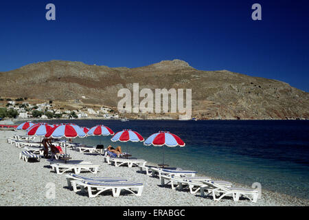 Plage, Livadia, Tilos, Îles du Dodécanèse, Grèce Banque D'Images