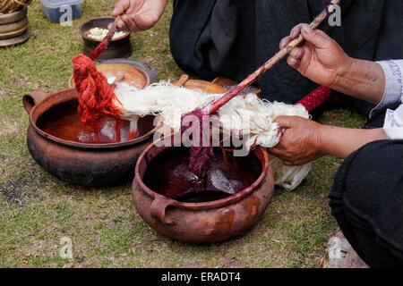 Les femmes indiennes Quechua laine coloration avec des colorants naturels, Chinchero, Pérou Banque D'Images