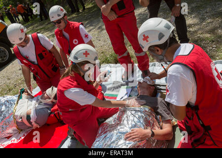Sofia, Bulgarie - le 19 mai 2015 : Des bénévoles de la Croix Rouge bulgare organisation participent à une formation avec Fire depar Banque D'Images