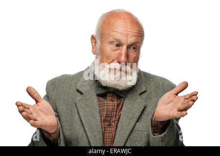 Vieil homme avec une grande barbe et un sourire sur fond blanc Banque D'Images