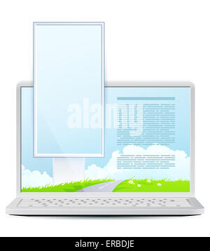 Ordinateur portable avec le paysage vert et de panneaux Vertical isolé sur fond blanc Banque D'Images
