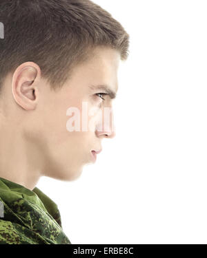 Jeune homme militaire profil, closeup portrait isolated on white Banque D'Images