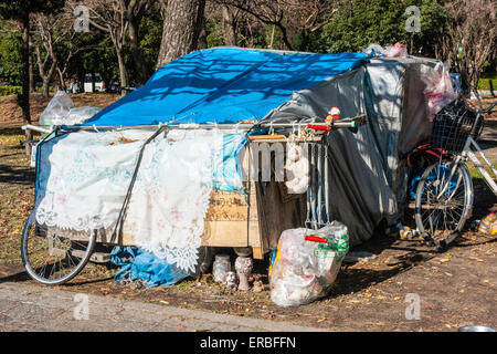 Japon, Nagoya. Un abri sans abri typique de la bâche bleue, autoconstruit dans le parc, les affaires soigneusement stockées à l'extérieur, y compris sèche-linge et vélo. Banque D'Images