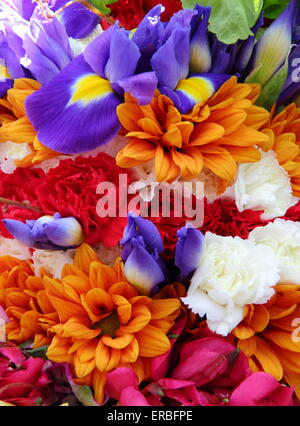 Détail de la coiffure de fleurs portés par le roi Garland pour célébrer le Jour de la pomme de chêne dans Castleton, Peak District, Derbyshire, Royaume-Uni Banque D'Images