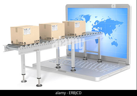 Convoyeur industriel avec des boîtes de carton connecté à un écran d'ordinateur portable. Carte du monde. Retour de la lumière. Banque D'Images