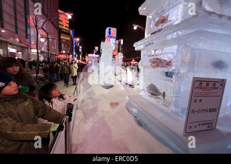 Au cours de l'assemblée annuelle du Festival de neige à Sapporo, le quartier des divertissements de Susukino est l'hôte de grandes sculptures de glace. Banque D'Images