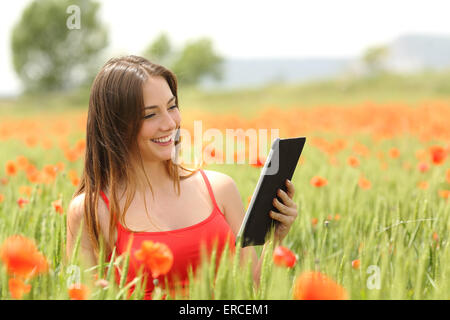 Femme lisant un livre électronique ou d'une tablette au milieu d'un champ avec des fleurs de pavot rouge en été Banque D'Images