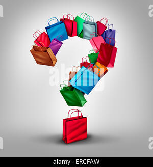 Questions Shopping concept comme un groupe de sacs de magasin de détail en forme de point d'interrogation en trois dimensions comme un symbole et une icône pour Banque D'Images