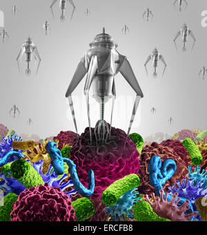 Traitement médical de la nanotechnologie medicine concept comme un groupe de robots nano microscopique ou nanobots programmé pour détruire le cancer virus et bactéries mortelles des cellules ou la maladie humaine comme un symbole de guérison santé futuriste. Banque D'Images