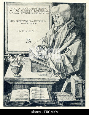 Desiderius Erasmus de Rotterdam était un humaniste de la Renaissance. Il a vécu de 1466 à 1536. Programme Erasmus était aussi un prêtre catholique, une critique sociale, un enseignant, et un théologien. Il a écrit de nombreuses œuvres, et l'un des plus connus est l'éloge de la folie. Ce portrait d'Erasmus a été fait en 1526 par le peintre allemand Albrecht Dürer, qui a été à Nuremberg, en Allemagne, et était un contemporain d'Erasmus. Banque D'Images