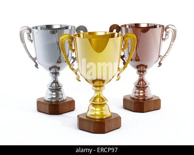 Or, argent et bronze tasses isolated on white Banque D'Images