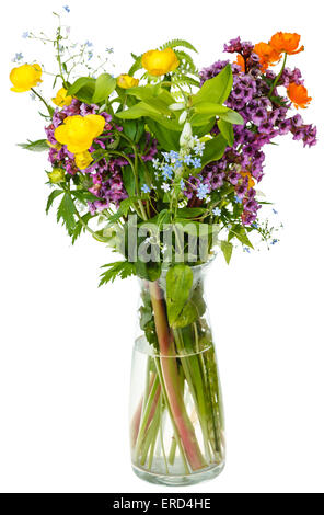 Bouquet de fleurs sauvages d'été en vase en verre sur fond blanc Banque D'Images