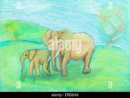 Dessin enfants - Éléphant avec bébé éléphant dans la savane par pastel sec sur papier vert Banque D'Images