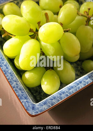 Gros plan de raisins verts dans un plat de porcelaine Banque D'Images