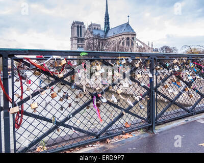 L'amour des verrous sur le parapet d'un pont sur la Seine avec l'emblématique Cathédrale Notre Dame de l'arrière-plan, Paris, France Banque D'Images