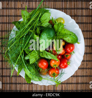 Des légumes frais et des herbes cueillies dans le jardin de bol, overhead view Banque D'Images