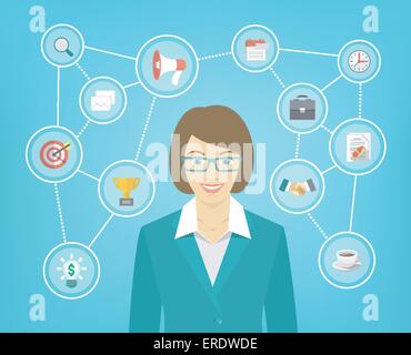 Télévision moderne illustration conceptuelle du jeune ambitieux smiling business woman avec des icônes du marketing, analytics, finances. Illustration de Vecteur