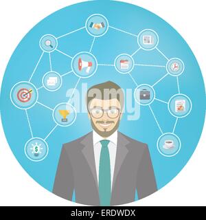 Télévision moderne illustration conceptuelle du jeune ambitieux smiling businessman in a suit avec des icônes du marketing, analytics, Finances Illustration de Vecteur