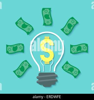 Télévision moderne vecteur d'entreprise concept de l'argent idée avec ampoule, signe du cerveau et des dollars sous la forme de rayons. Illustration de Vecteur