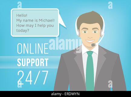 Une télévision moderne vector illustration de jeune homme séduisant, employé d'un centre d'appel et de l'aide publique au casque Illustration de Vecteur