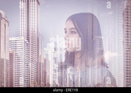 Double Exposure of mixed race girl sur cityscape, Palmerston North, Nouvelle-Zélande Manawatu Banque D'Images