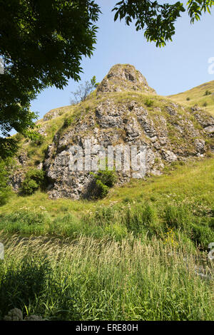 Royaume-uni, Angleterre, Staffordshire, Dovedale, rivière Dove découlant ci-dessous éperon rocheux sur Baley Hill Banque D'Images