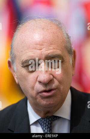 Moritzburg, Allemagne. 2 juin, 2015. Le ministre de l'Intérieur Espagnol Jorge Fernandez Diaz fournit une déclaration lors de la réunion du G6 des ministres de l'Intérieur au Château de Moritzburg à Moritzburg, Allemagne, 02 juin 2015. Le ministre allemand de l'intérieur de Maizière rencontre ses homologues de la France, Italie, Pologne, Espagne, et le Royaume-Uni (G6), ainsi que la commissaire de l'UE, le 01 et 02 juin pour une réunion d'information politique au château près de Dresde. Dpa : Crédit photo alliance/Alamy Live News Banque D'Images