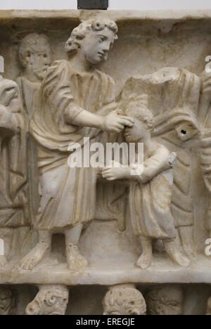 Sarcophage romain. Début de Christian. 4e ch. Détail. Guérison Jésus aveugle. Musées du Vatican. État de la Cité du Vatican. Banque D'Images