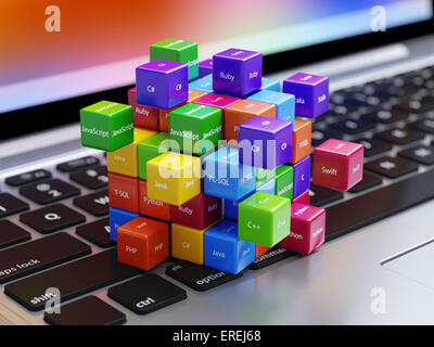 Concept de programmation. Code machine différentes boîtes colorées langues sur le clavier de l'ordinateur portable Banque D'Images