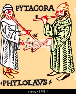 Les théories de Pythagore étudiés à l'aide de tuyaux. Frontispice de Gaffuri sur la musique, montrant Pythagore. Theorica Banque D'Images