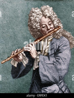 Jacques Hotteterre, "le Romain", 1674-1762. Joueur de flûte du roi sous Louis XIV et Louis XV. Gravure de Bernard Picard Banque D'Images