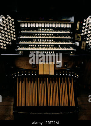 Les concerts d'organe. Vue de la console de l'orgue (l'ensemble des claviers et d'arrêts). Banque D'Images