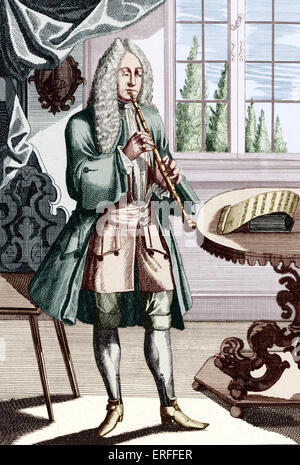 Hautbois baroque musicien sous-titre suivant - Homme jouant hautboy (ou agrégat) qui est le début de la gravure de hautbois par J C Weigel (1661-1726) Banque D'Images