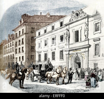 Conservatoire de Paris dans les années 1830. Extérieur avec transport et les gens se sont réunis autour de l'entrée. Berlioz et Liszt, Frederic Banque D'Images