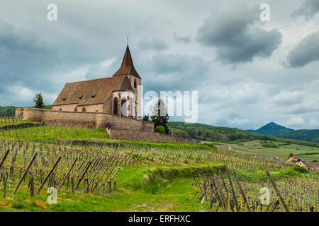 Après-midi de printemps orageux à Hunawihr, Alsace, France. Banque D'Images