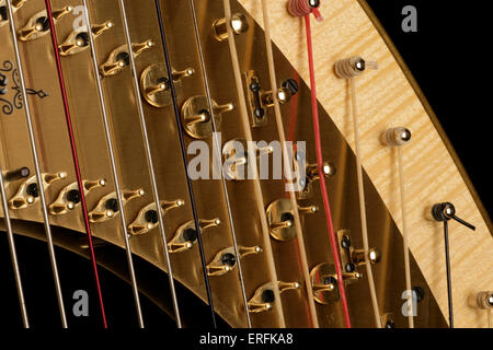 Harpe de concert - close-up de détail montrant les cordes et chevilles fond noir Banque D'Images