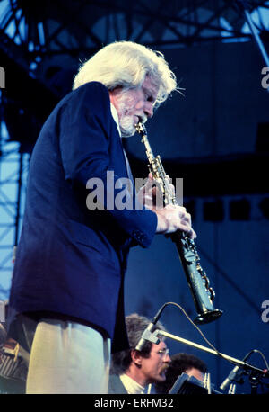 Gerry Mulligan - portrait de la saxophoniste de jazz américain à l'exécution 1982 Capital Radio Jazz Festival de Knebworth. 6 Banque D'Images