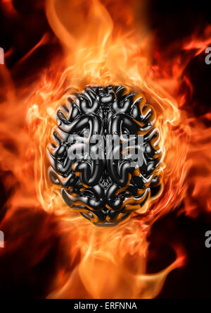 3D render of grungy metal brain with fire background Banque D'Images