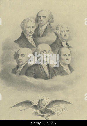 Six présidents des États-Unis d'Amérique. Dans l'ordre chronologique : George Washington (en bas, au centre), John Adams Banque D'Images