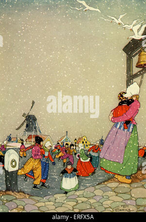 Les enfants néerlandais patinage sur rivière gelée portant costume traditionnel néerlandais. Illustré par Edna Cooke. Sous-titre suivant 'la glace Banque D'Images